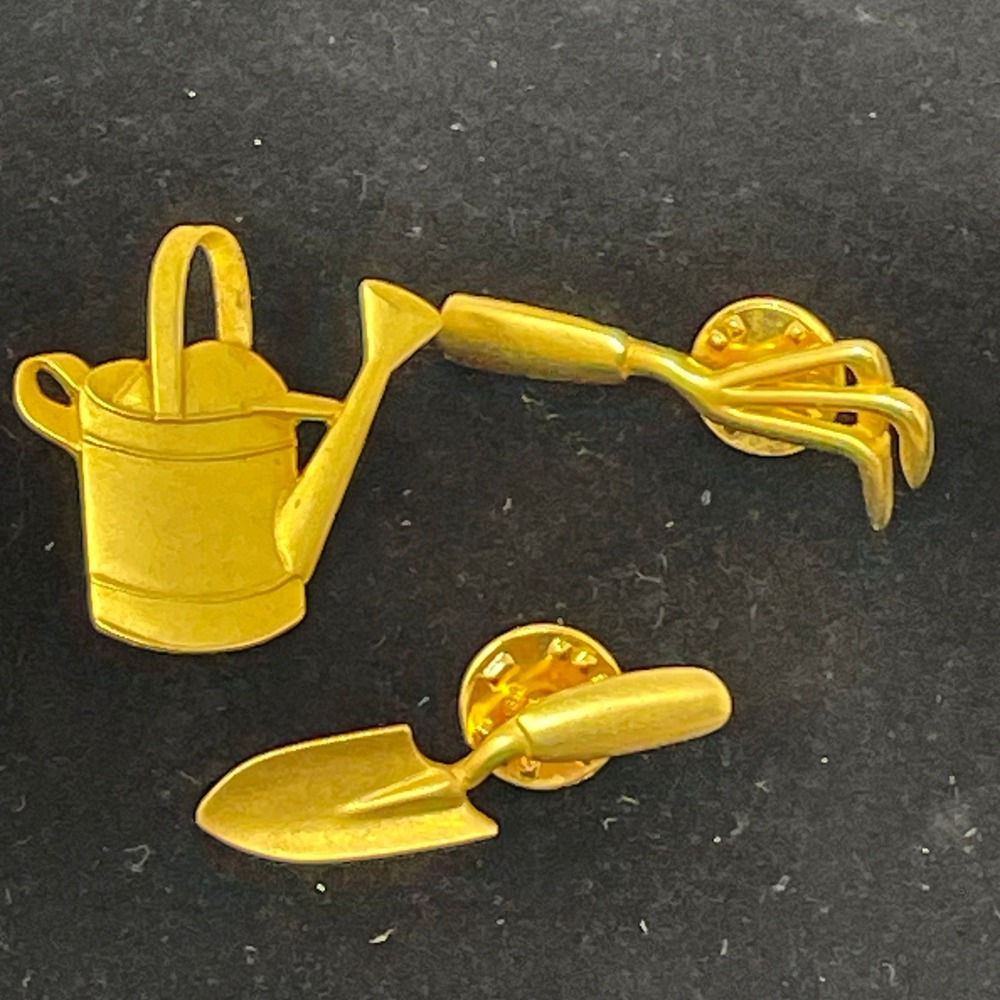 JJ Jonette Vintage Gold Tone Garden Tool‎ Pin Set Watering Can Rake Trowel